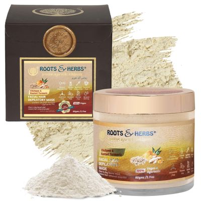 Chickpea & Kasturi Turmeric Facial Hair Removal Powder - For Men & Women, Chin, Jawline & Upper Lips - Depilatory Mask with Ayurvedic Herbs - Roots & Herbs, 2.11oz