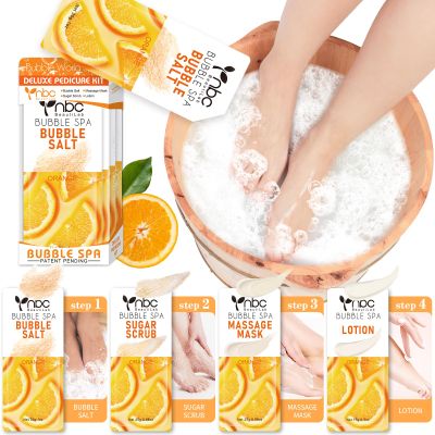 nbc BeautiLab Pedicure Kit Foot Soak Set: Bubble Salt, Sugar Scrub, Massage Mask, Massage Lotion in a Box, 4 Step Foot Spa Kit for Dry Feet, Softens Calluses and Tired Feet1 Set Orange)