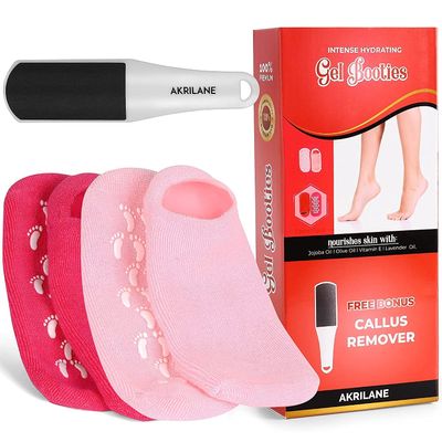 AKRILANE Moisturizing Socks for Women, Spa Gel Socks for Dry Cracked Feet, Softening Rough Feet Gel Lined Infused Lotion Spa Socks (Light + Dark Pink + Foot File, 2 Pairs)