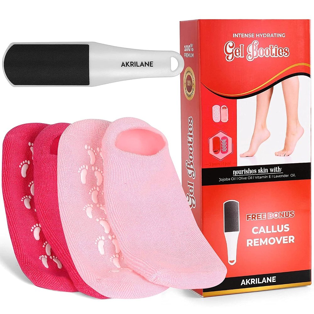 AKRILANE Moisturizing Socks for Women, Spa Gel Socks for Dry Cracked Feet, Softening Rough Feet Gel Lined Infused Lotion Spa Socks (Light + Dark Pink + Foot File, 2 Pairs)