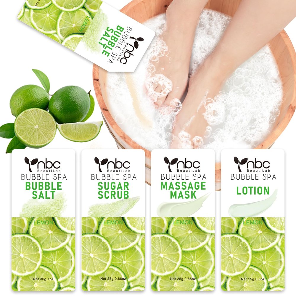 nbc BeautiLab Pedicure Kit Foot Soak Set: Bubble Salt, Sugar Scrub, Massage Mask, Massage Lotion in a Box, 4 Step Foot Spa Kit for Dry Feet,Tired Feet1 Set Lemon)