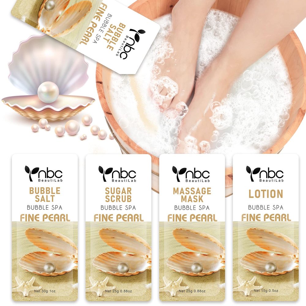 nbc BeautiLab Pedicure Kit Foot Soak Set: Bubble Salt, Sugar Scrub, Massage Mask, Massage Lotion in a Box, 4 Step Foot Spa Kit for Dry Feet,Tired Feet1 Set Pearl )