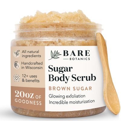 Bare Botanics Brown Sugar Body Scrub 20 oz - Naturally Scented Coconut Vanilla Sugar Scrub Made in Madison, WI - Formulated w/Skin Loving Moisturizers - Vegan, Cruelty Free w/a Cute Wooden Spoon