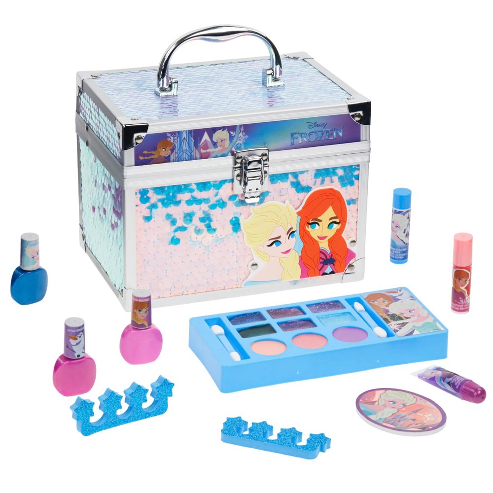 Disney Frozen Train Case Beauty Set, Kids Makeup Kit for Girls, Real Washable Makeup Set, Play Makeup, Party Favor, Birthday, Ages 3 4 5 6 7 8 9 10 11 12 by Townley Girl
