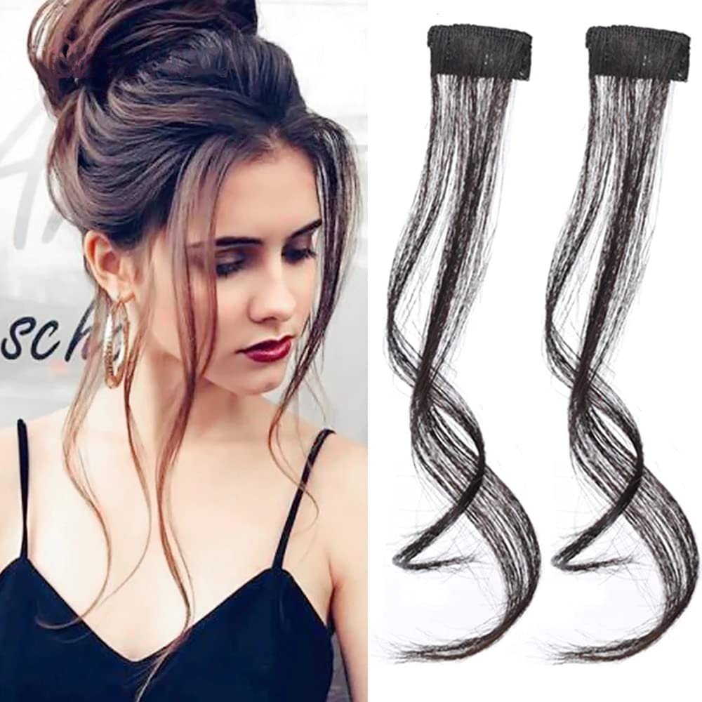 Maery 10 inches Natural Long Wavy Curly 3D Air Bangs Hair Clip in Extensions 100 Real Human Front Side on Fringe with Temples Hairpiece for Women Daily Wear 2pcs set Black