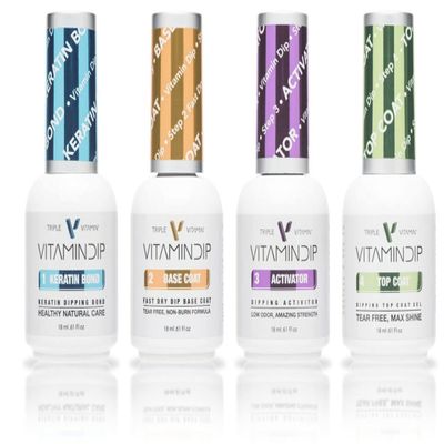Tori Mika Triple Vitamin Dip Powder Nail Liquid Set - Bond Gel Base Activator Gel Top Set 4 (Step 1-4) 18ml - NO LED UV/LAMP Needed, Color French Pink Nail Dipping Powder DIY Professional Home Salon