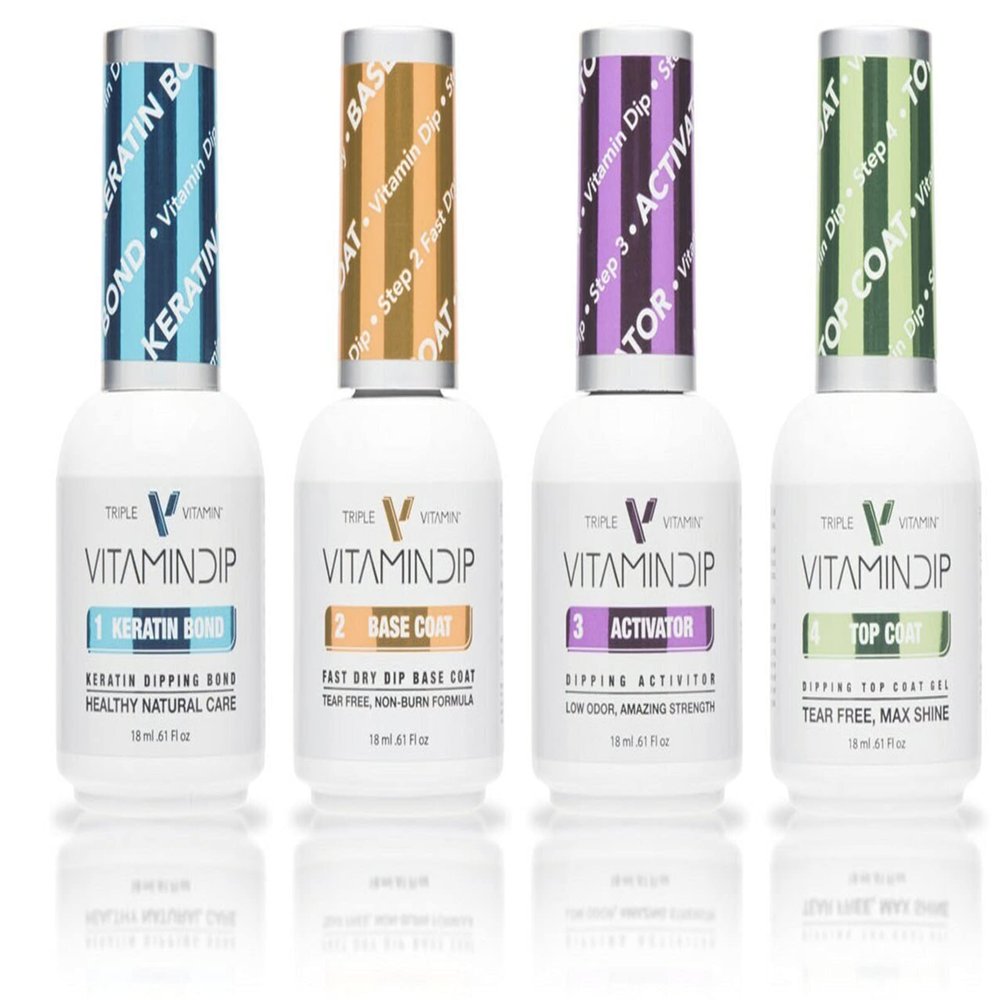 Tori Mika Triple Vitamin Dip Powder Nail Liquid Set - Bond Gel Base Activator Gel Top Set 4 (Step 1-4) 18ml - NO LED UV/LAMP Needed, Color French Pink Nail Dipping Powder DIY Professional Home Salon