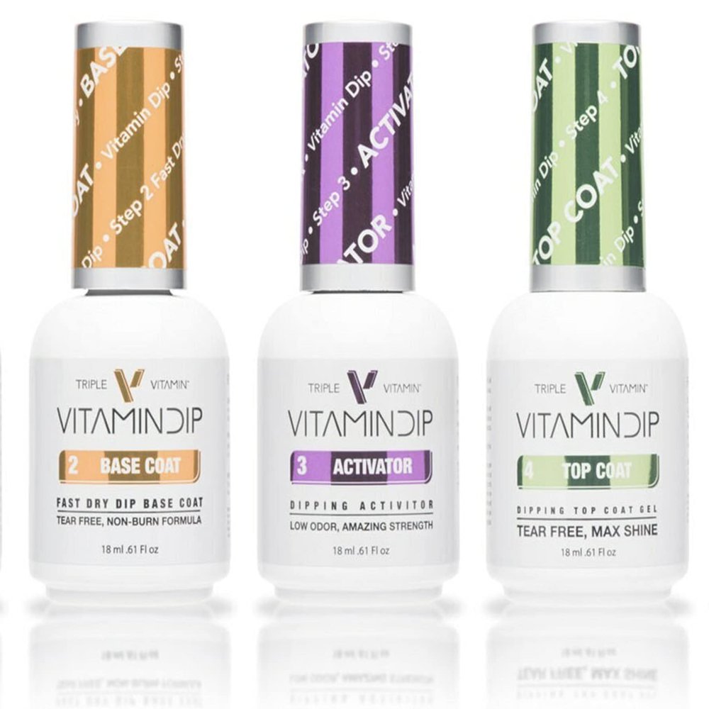 Triple Vitamin Dip Powder Nail Liquid Set - Gel Base Activator Gel Top Set 3 (Step 2-4) 18ml - NO LED UV/LAMP Needed, Color French Pink White Nail Dipping Powder DIY Professional Home Salon