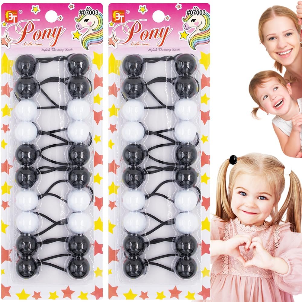 Beauty Town 20PCS Bubble Ponytail Holders  20mm Twin Bead Hair Ties for Girls & Kids  Colorful Elastic Hair Accessories for Braids & Pigtails (Black/White)
