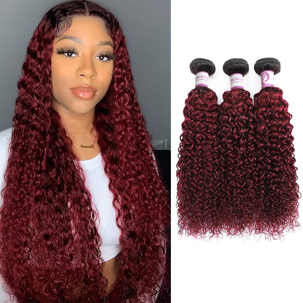 Ombre Dark Red Curly Weave Human Hair 3 Bundles 99J Brazilian Curly Hair 100g/Bundles Burgundy Kinky Curly Human Hair Extensions for Black Women (18"20"22")