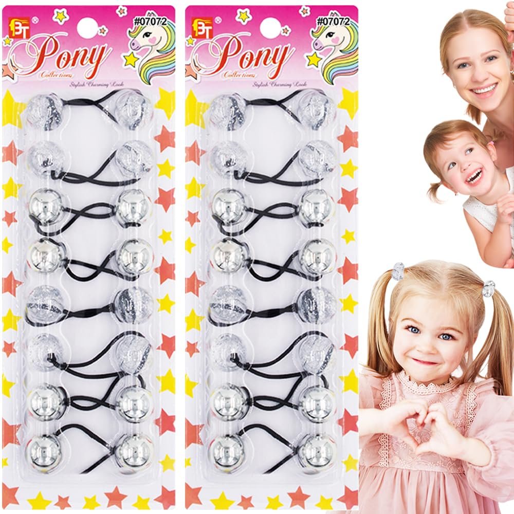 16 Pcs 20mm Hair Ties Hair Accessories for Girls Galactic Hair Ties with Balls Bubble Twinbead Ponytail Holders (Silver)