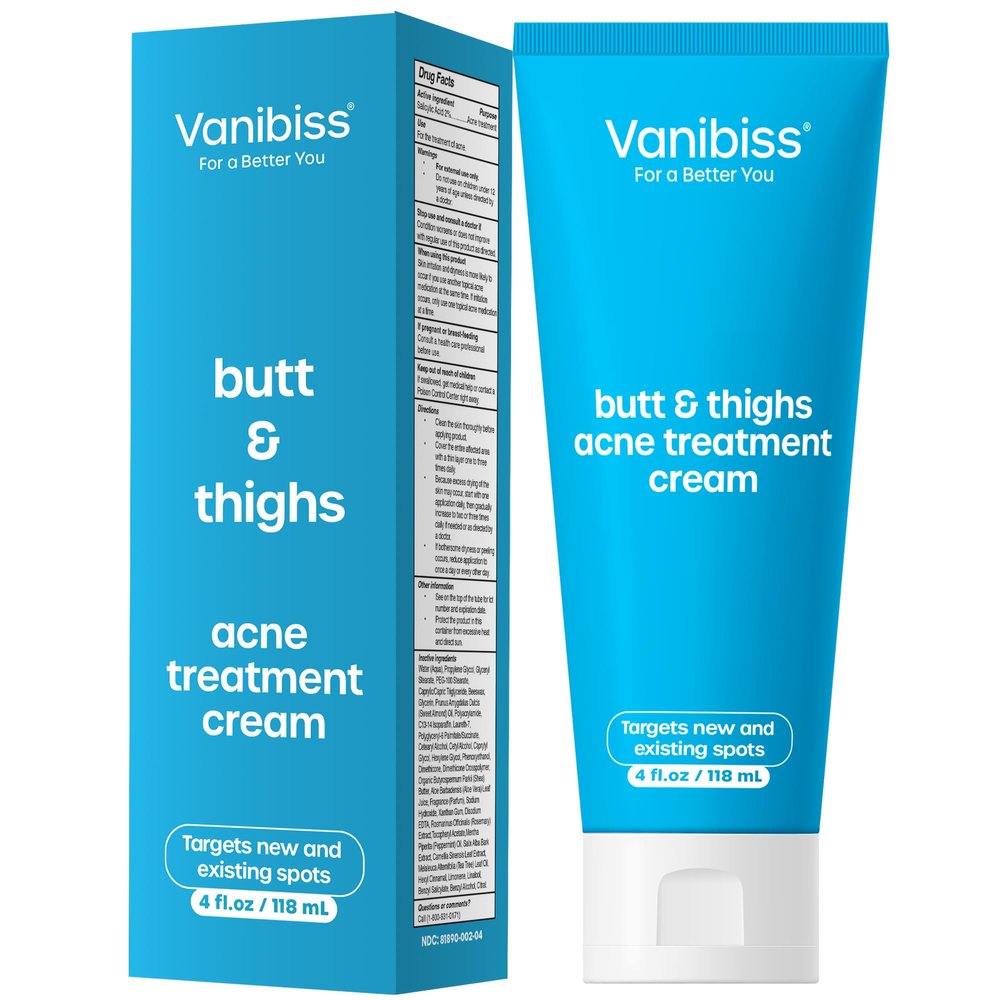 Vanibiss Butt & Thighs Acne Clearing Treatment - Back Acne Treatment - Body Acne Treatment Cream with 2% Salicylic Acid for Women - 4oz