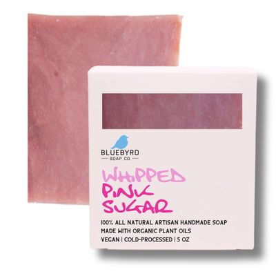 Bluebyrd Soap Co. Whipped Pink Sugar Soap Bar for Kids & Teens | Artisan Handmade Sweet Vanilla Sugar Bar Soap | Organic RSPO, Coconut Oil, Shea Butter | Moisturizing & Nourishing (Sugar)