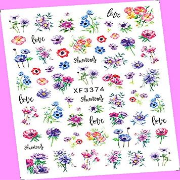 Green Four-Leaf Trefoil Lucky Day Anemone Abstract Flower 3D Nail Sticker Xf3374 for Nails Design Nail Art Stickers Decals Supplies Manicure Tips Sticker Colorful for Nail Decorations