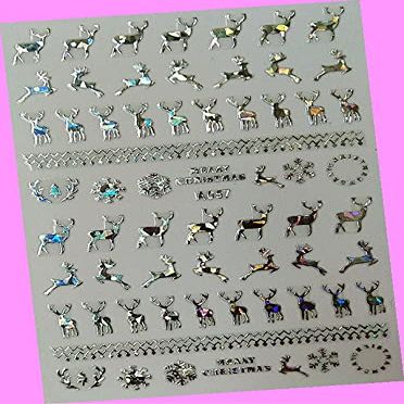 Merry Christmas Happy New Year Stars Snowflake Reindeer Tree 3D Nail Art Sticker A057 Laser Silver for Nails Design Decals Supplies Manicure Tips Sticker Colorful for Nail Decorations
