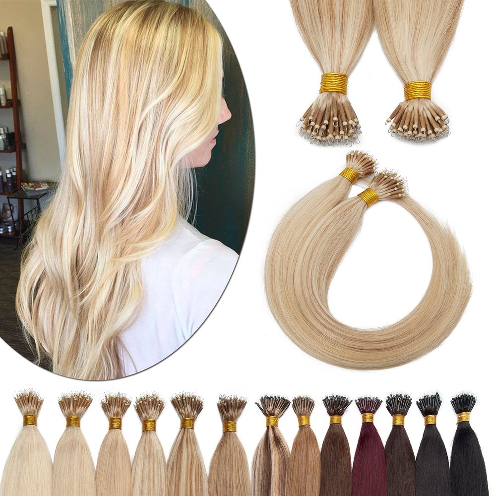 SEGO Nano Tip Hair Extensions Human Hair Balayage Nano Ring Beads Pre-bonded Seamless Highlight Extensions for Women 1g/strand 50g/pack -20 Inch -18P613 Ash Blonde&Bleach Blonde