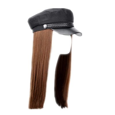 Womens Newsboy Cap with Hair Curly Wavy Straight Hairpiece Plaid-Tweed Hat with Wig light brown
