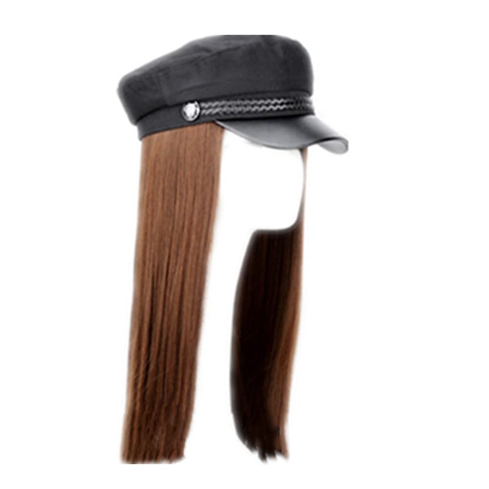 Womens Newsboy Cap with Hair Curly Wavy Straight Hairpiece Plaid-Tweed Hat with Wig light brown
