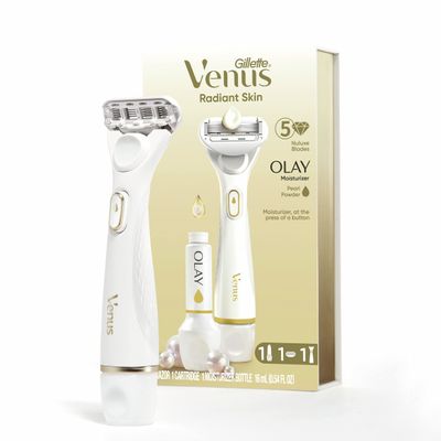 Gillette Venus Radiant Skin Moisturizing Womens Razor For Dry And Sensitive Skin With Olay Moisturizer Dispenser, 1 Serum, And 1 Razor Blade Refill