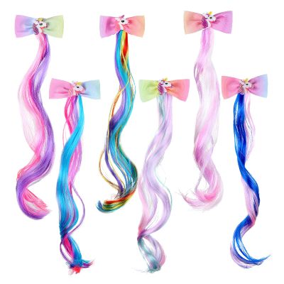 Waydress 6 Color Unicorn Hair Extension Clips, Crazy Hair Day Accessories for Girls, Rainbow Bow Clip Cute Ponytail Princess Headdress Horsetail Kawaii Easter Gift Dress up Party Birthday 15 Inch