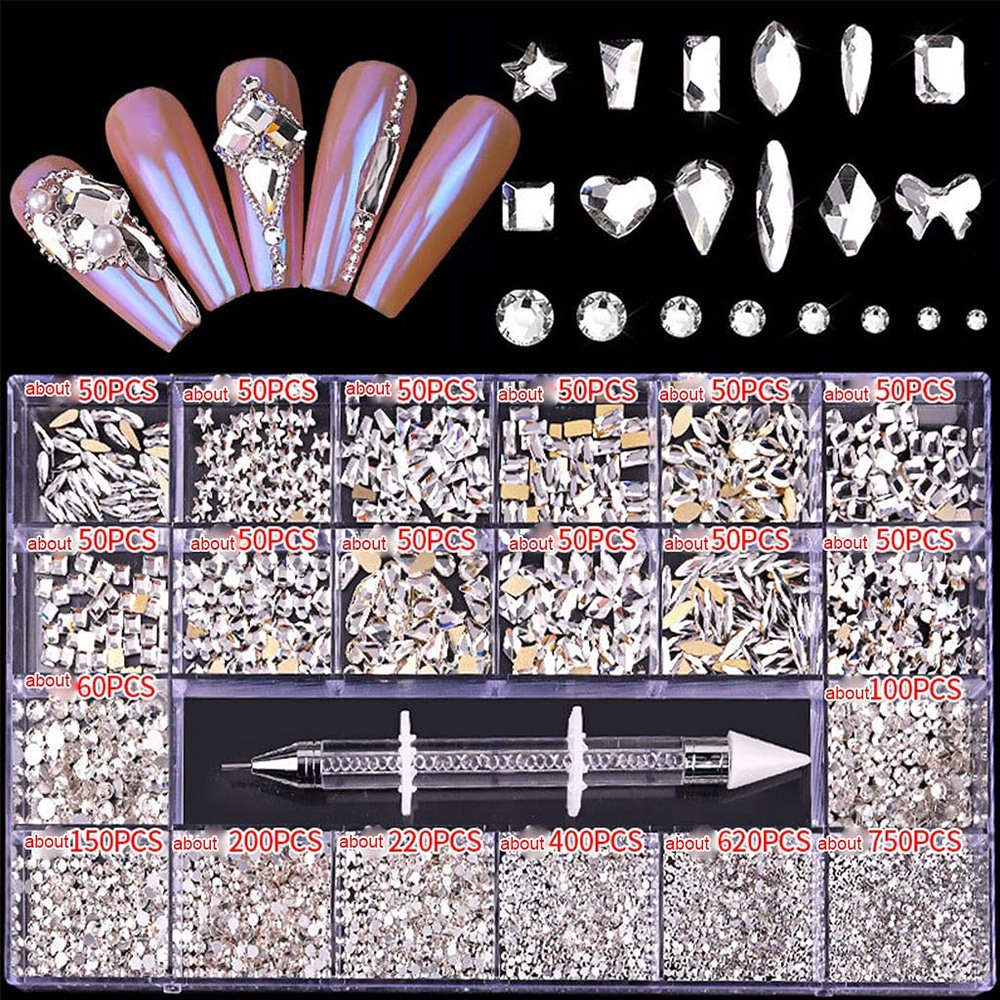 Unknows Nail Art Rhinestones Professional Nail Rhinestones Kit 3100pcs Multi Shapes Glass Crystal AB Rhinestones for Nail Art Craft Mix Sizes Non Hotfix Flatback Nail Gems Nail Rhinestones 3D