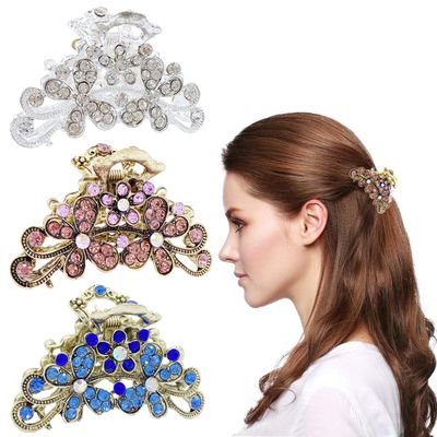 GeoGeoDIY 3 Pcs Vintage Rhinestone Hair Clip Alloy Fancy Hair Barrette with Decorative Flowers, Non Slip Design for Women Thick Hair, 3 Colors Available (Silver, Purple, Sky Blue)