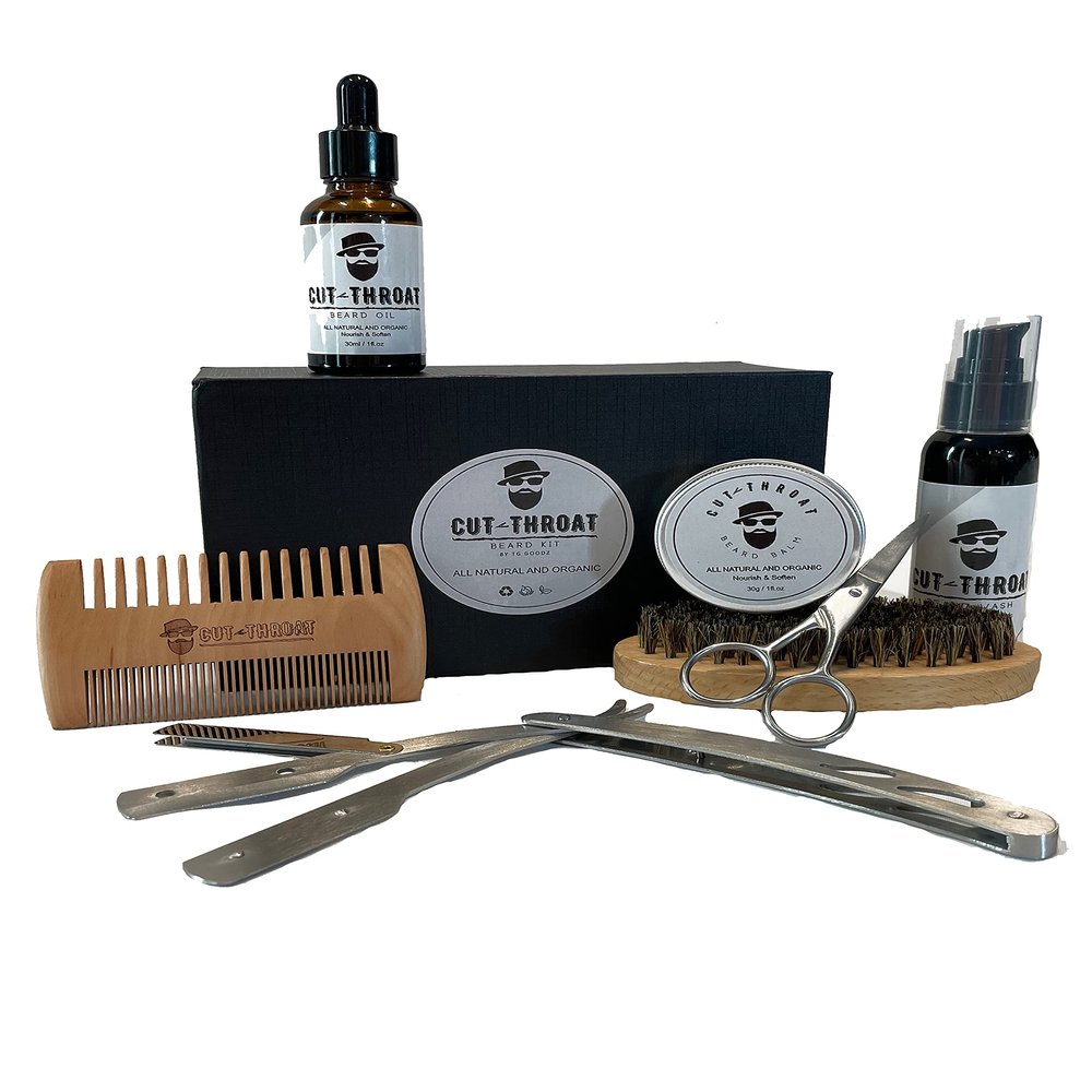Cut Throat Beard Care Kit for Men - Ultimate Beard Grooming Kit includes Beard Brush, Wood Beard Comb, Beard Balm, Beard Oil, Beard & Mustache Scissors, Straight Razor and Travel Bag