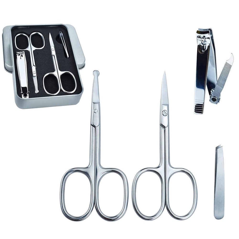 5Pcs Beauty Grooming Eyebrow Scissor Men Women Facial Nose Hair Scissor Curved Round Blunt Mustache Beard Manicure Pedicure Trimmer Set Stainless Steel Slant Tweezers Nail Clipper Pet Dog Scissor Kit