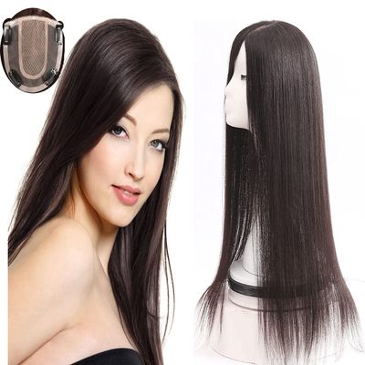 10" Free Parting Virgin Human Hair Topper Large 5.1X5.1" Silk Base Topper Hair Piece Straight Hand Made Top Hairpiece Clip in Hair Topper for Women with Thinning Hair(Dark Brown)