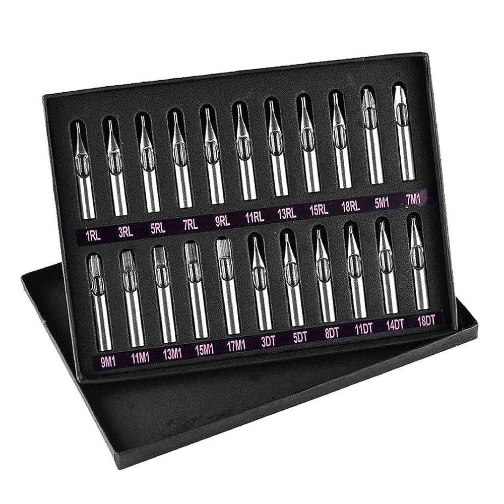 22pcs Tattoo Stainless Steel Tip Set Kit Round/Flat/Diamond RT FT DT Mix Tube