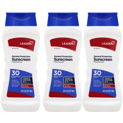 LEADER General Protection Sunscreen Lotion Broad Spectrum SPF 30, Water Resistant Moisturizing Lotion, 8 Ounce, Pack of 3