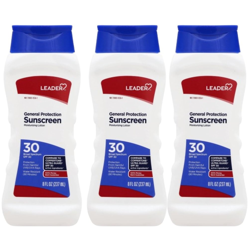 LEADER General Protection Sunscreen Lotion Broad Spectrum SPF 30, Water Resistant Moisturizing Lotion, 8 Ounce, Pack of 3