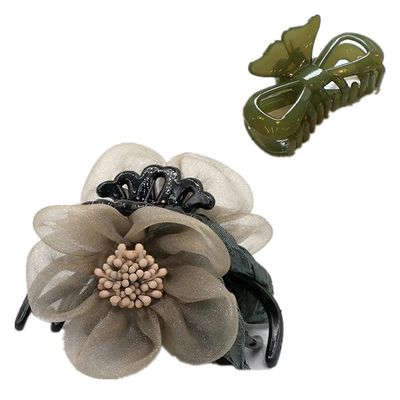 2Pack Elegant Jaw Hair Claw Clip with Silk Floral Flower, Half Bun Hair Clip for Women and Girls Thin Hair (color 5)