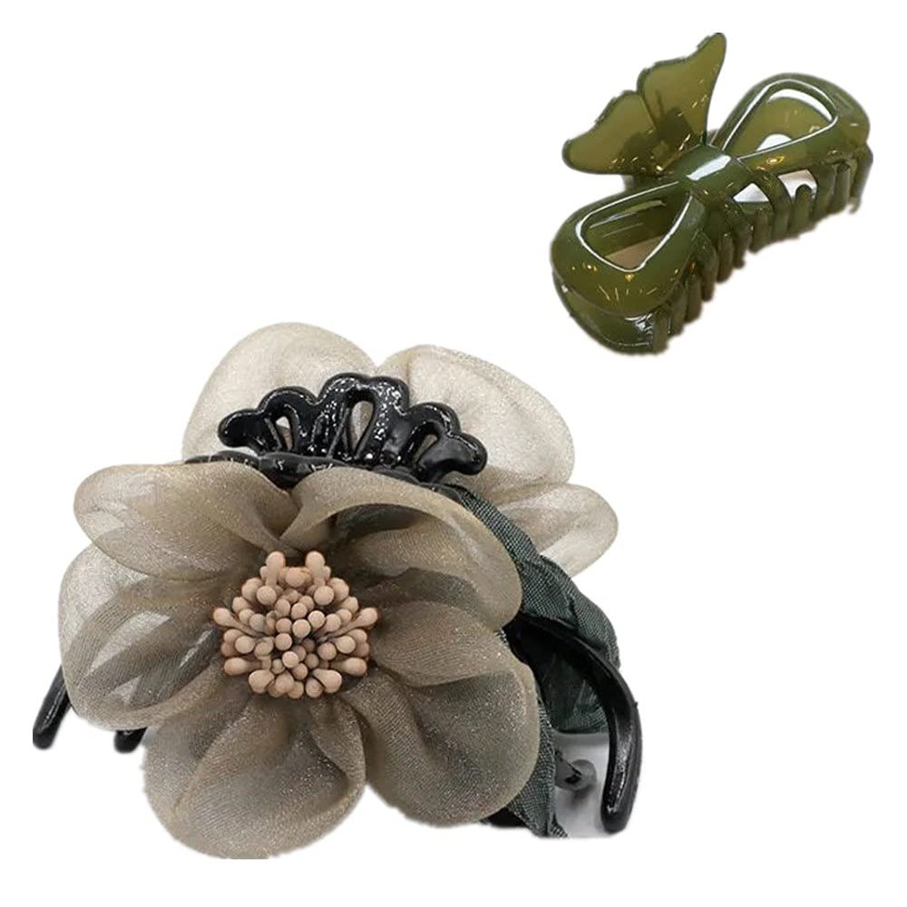 2Pack Elegant Jaw Hair Claw Clip with Silk Floral Flower, Half Bun Hair Clip for Women and Girls Thin Hair (color 5)