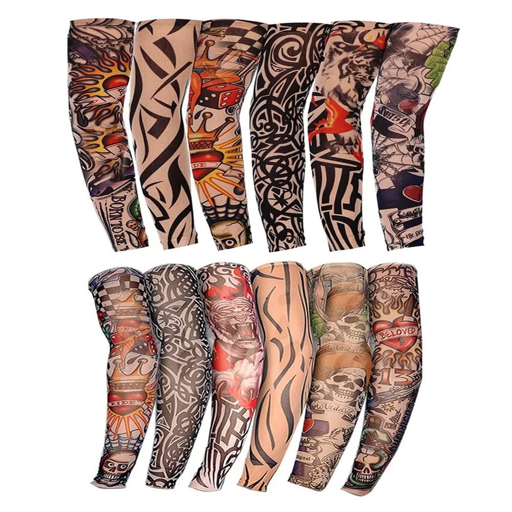 Kirozanny 12pcs Art Fake Temporary Tattoo Sun Protection Compression Arm Sleeves Temporary Tattoo Arm Sleeves(random color)