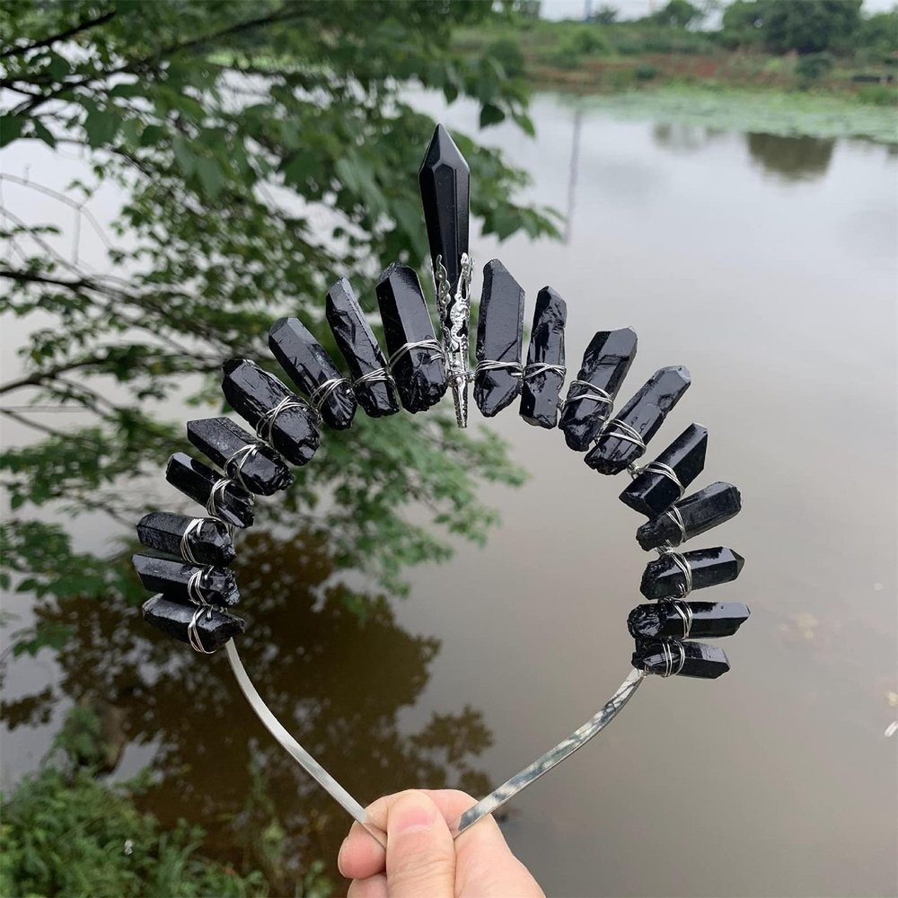 Raw Crystal Quartz Transparent Hollow Moon Crown Tiara Headband for Women Witch Craft Bridal Party Hair Accessories
