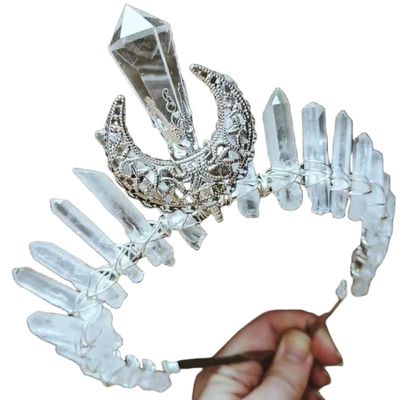 Raw Crystal Quartz Transparent Hollow Moon Crown Tiara Headband for Women Witch Craft Bridal Party Hair Accessories