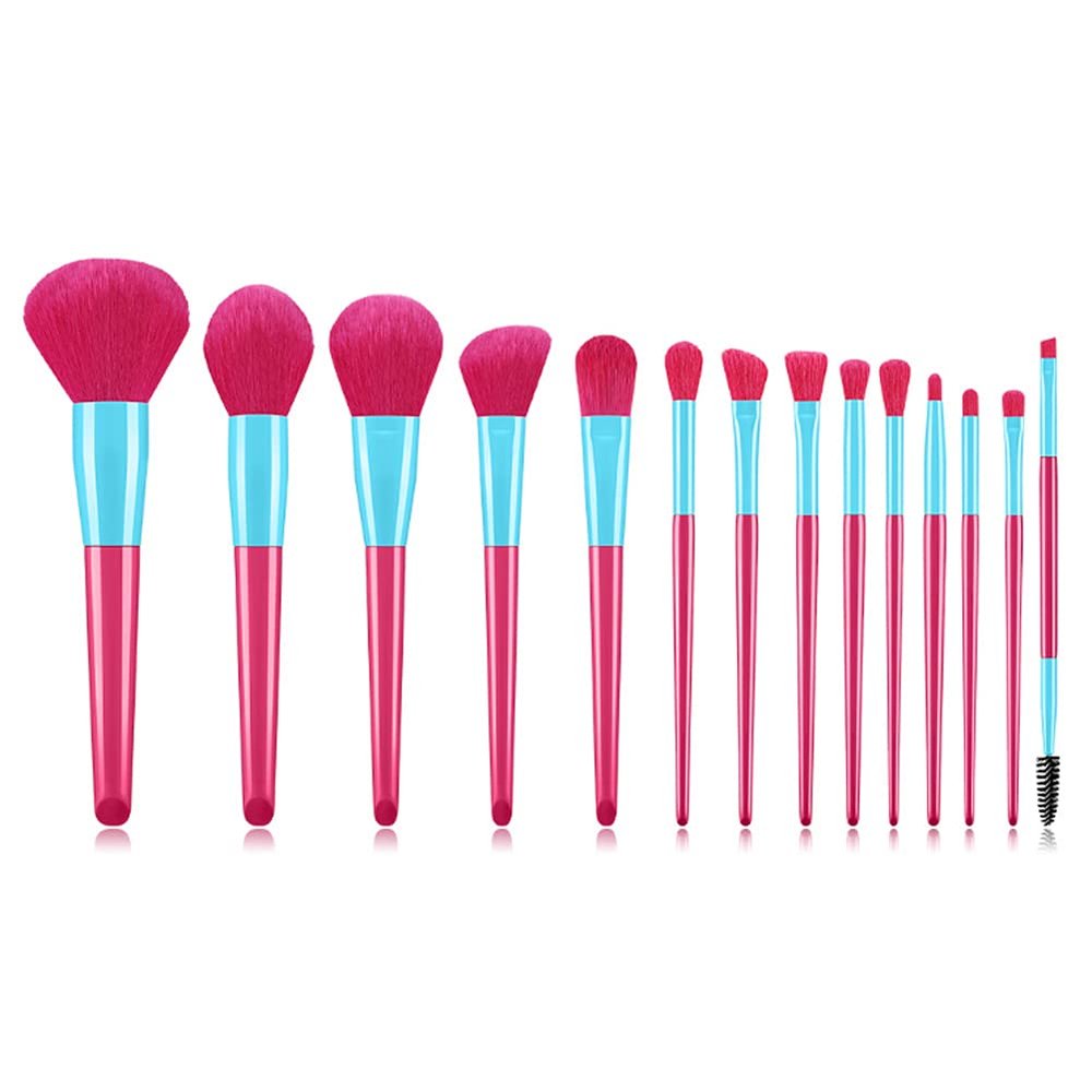 MIPPER 14 Pcs Candy Color Makeup Brushes Set Pro Eye Shadow Eyelash Concealer Powder Foundation Blending Cosmetic Brush Kit (rose red+blue)