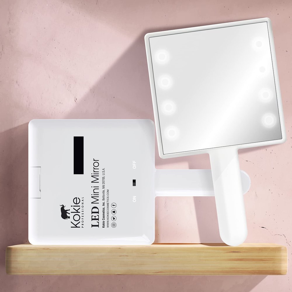 Kokie LED Mini Mirror, White Handheld Mini Mirror, Lighted Travel Makeup Mirror, Portable Mini Mirror
