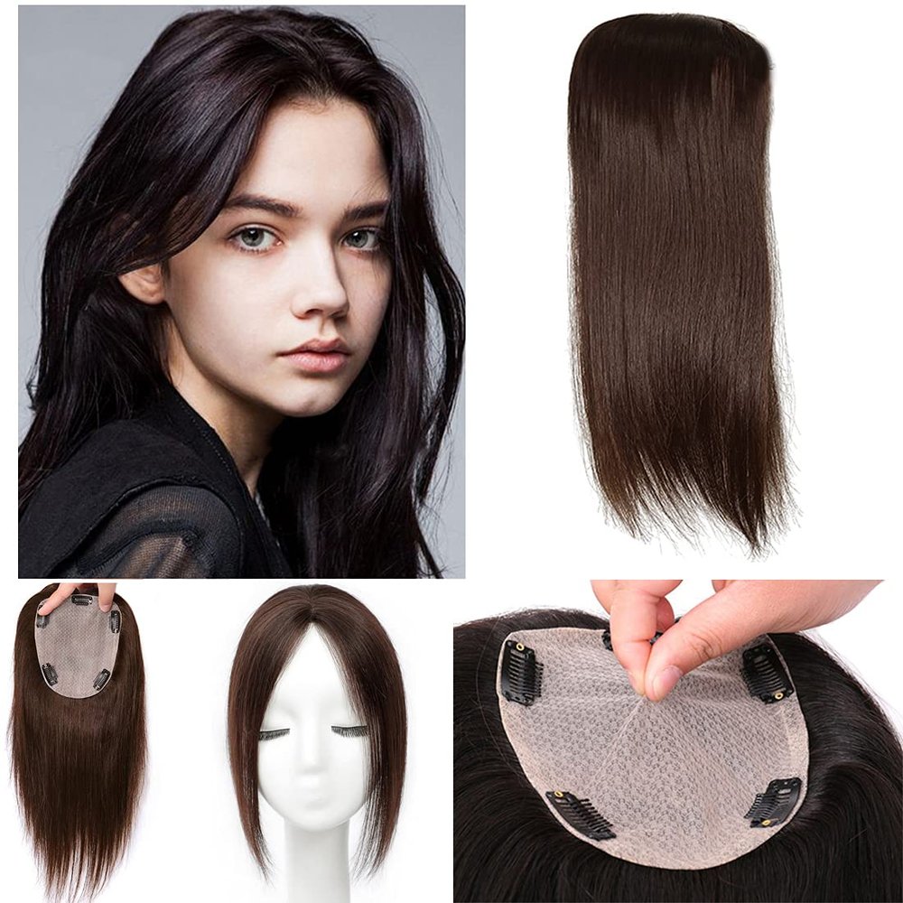 10" Short Straight Silk Base Human Hair Topper Add Extra Hair Volume 4.7x5.1" Women Toupee Human Hair Clip in Hairpieces Topper Hair Pieces for Women with Thinning Hair(Dark Brown)