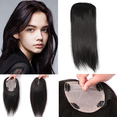 10" Short Straight Silk Base Human Hair Topper Add Extra Hair Volume 4.7x5.1" Women Toupee Human Hair Clip in Hairpieces Topper Hair Pieces for Women with Thinning Hair(Natural Black)