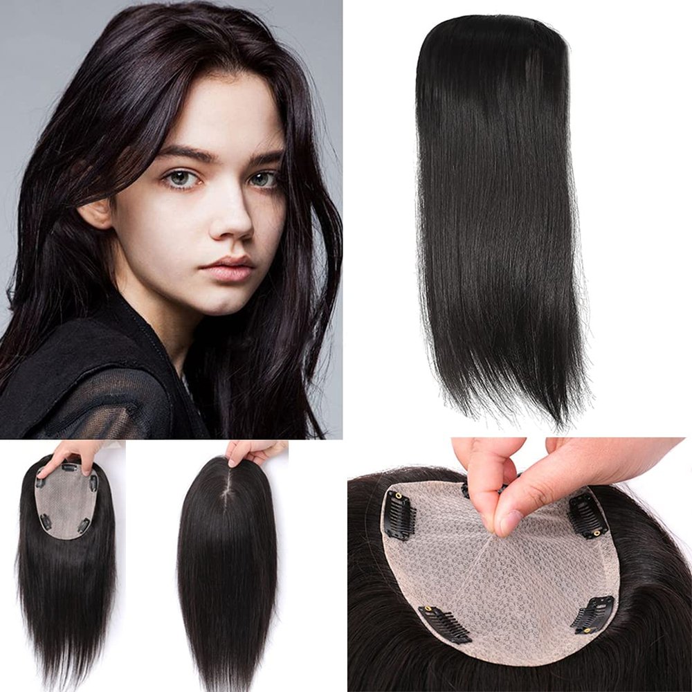 10" Short Straight Silk Base Human Hair Topper Add Extra Hair Volume 4.7x5.1" Women Toupee Human Hair Clip in Hairpieces Topper Hair Pieces for Women with Thinning Hair(Natural Black)