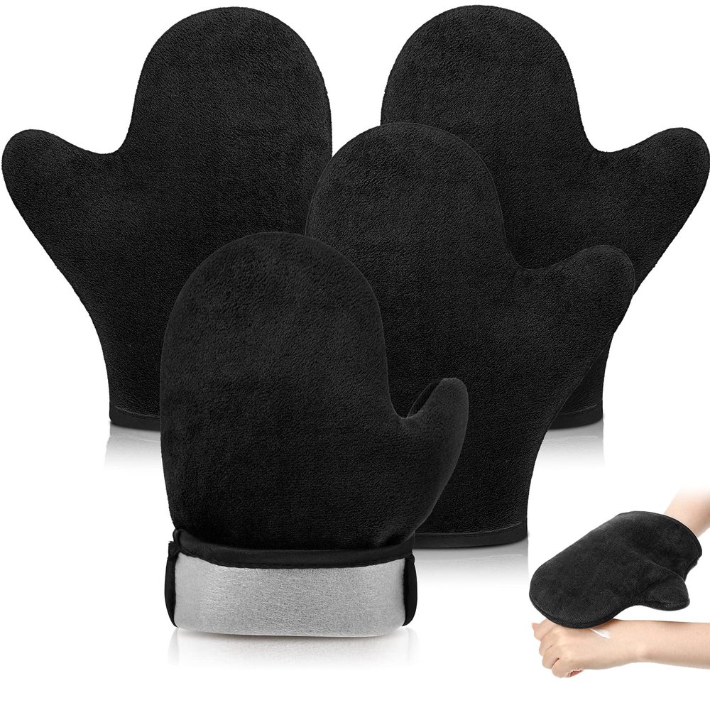 SATINIOR 4 Packs Self Tanning Mitt Applicators Double Sided Sunless Tanning Mittens Reusable Applicator Mittens Tanner Gloves with Thumb(Black)