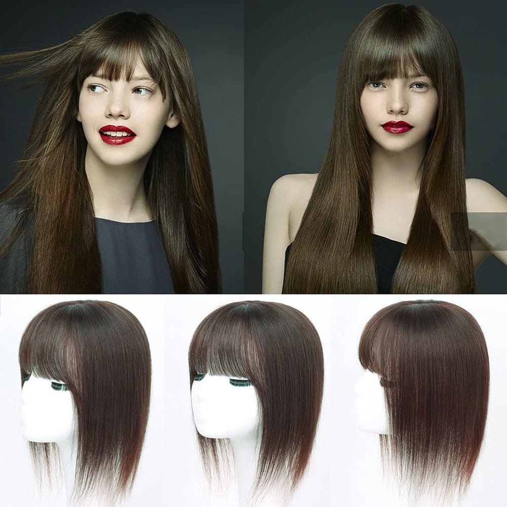 100% Human Hair One Piece Clip in Topper 10x10cm Silk Straight Middle Part Hairpiece With Bangs (20cm Dark Brown)