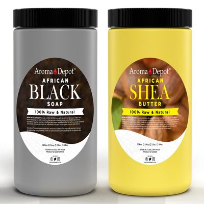 Aroma Depot Raw African Black Soap & Shea Butter Yellow 2 lbs. COMBO PACK Cleanser and Moisturizer Set 100% Raw-Pure Unrefined I For all skin types I For Hair, Body and Face I Imported from Ghana I