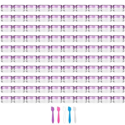 100 Pieces 3g Empty Clear Plastic Sample Containers with Purple Lids Cosmetic Jars with 5 Pieces Mini Spatulas by Accmor
