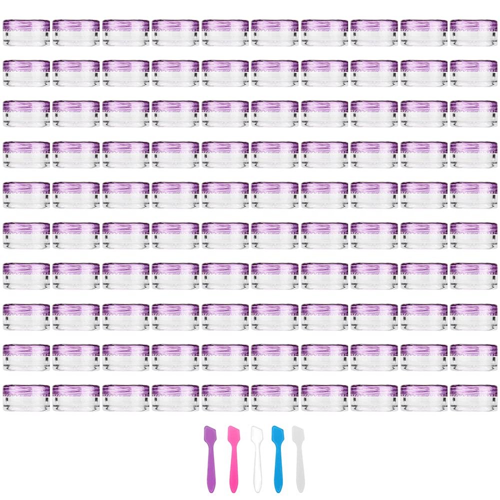 100 Pieces 3g Empty Clear Plastic Sample Containers with Purple Lids Cosmetic Jars with 5 Pieces Mini Spatulas by Accmor