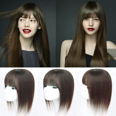 100% Human Hair One Piece Clip in Topper 10x10cm Silk Straight Middle Part Hairpiece With Bangs (20cm Light Brown)