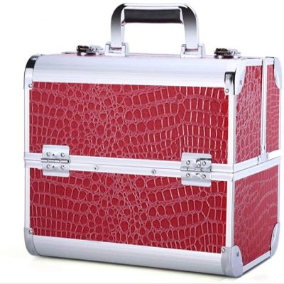 Large Black Faux Crocodile Aluminium Vanity Makeup Cosmetic Box Case for Nail Hair Salon Jewelry with 4 Long Tray/Clasp Lock with
