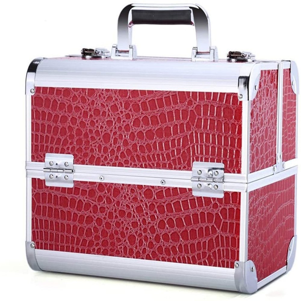 Large Black Faux Crocodile Aluminium Vanity Makeup Cosmetic Box Case for Nail Hair Salon Jewelry with 4 Long Tray/Clasp Lock with